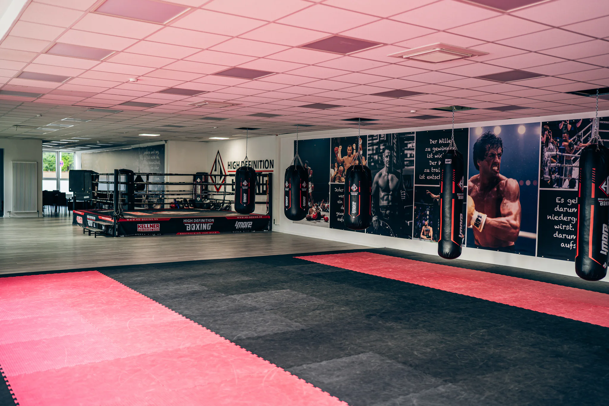 Trainingshalle mit Boxring, Sandsackreihe an der Bildwand und roter Mattenfläche