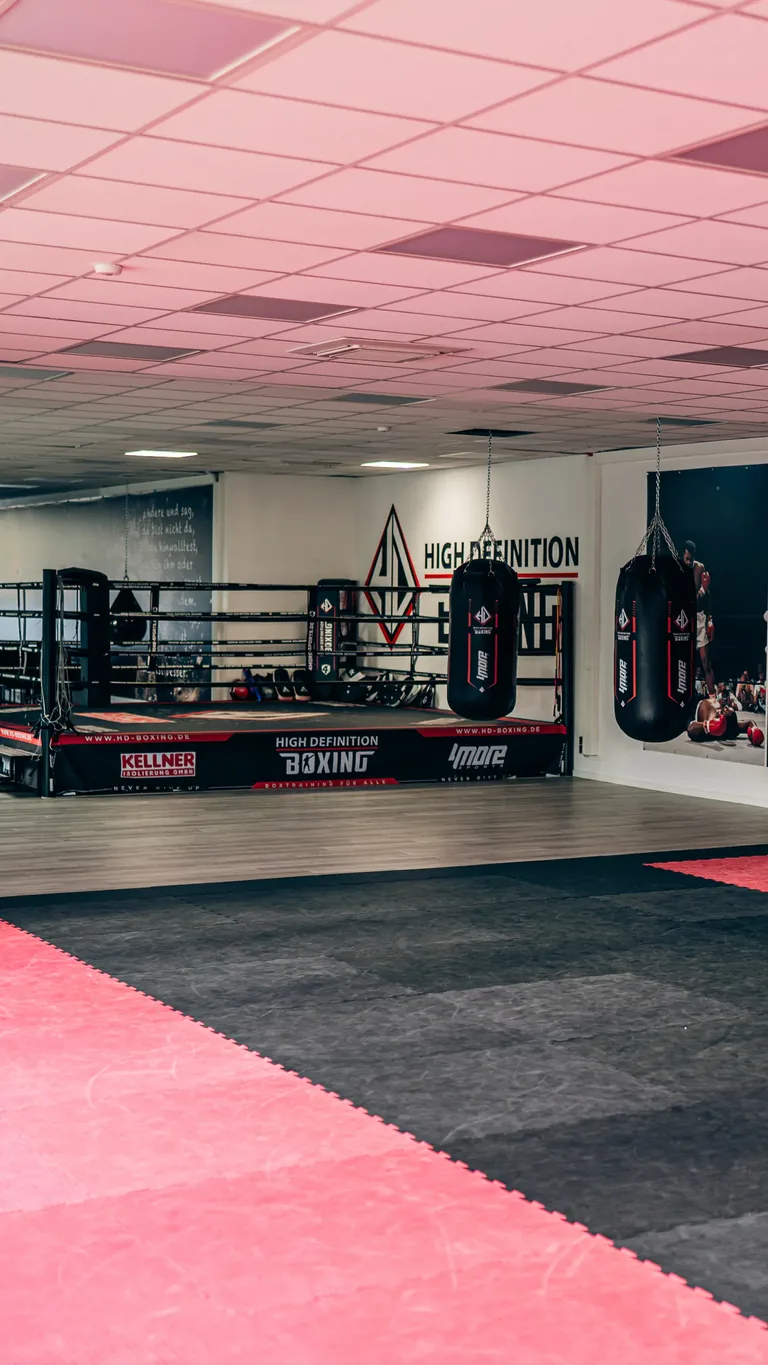 Boxing ring, punching bags and training mats inside the HD Boxing gym
